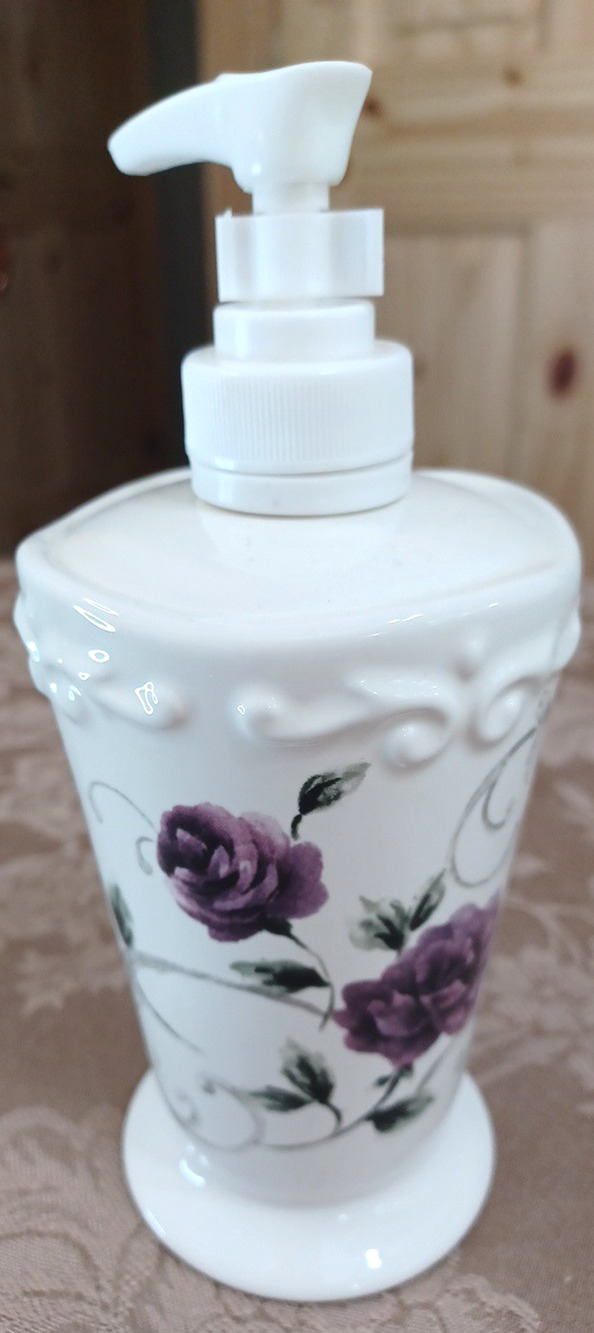 VTG Ceramic 7" Purple Rose Floral Lotion Dispenser